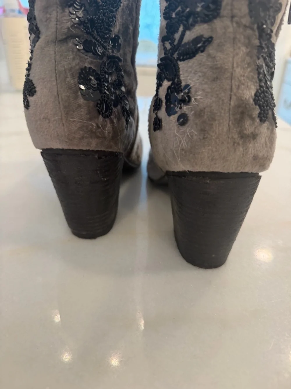 Free People Gray Velvet Ankle Booties with Black Embroidery